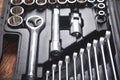 Background of a toolbox. Wrenches of different sizes