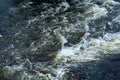 Background, top view, rapid flow of the river with dark blue water and white foam waves.