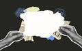 Background with torn paper copy space template. Halftone hand hold empty page list. Collage frame for text