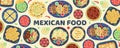 Background with traditional mexican food. Mexican cuisine. Tacos, tortilla, quesadilla, fajitas, nachos, burrito