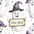 The background is transparent and features a cute seamless pattern with ghosts, pumpkins, witch's hat and scary Royalty Free Stock Photo