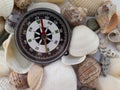 Background on travel with a compass and seashells