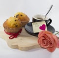 Background with tray cup two pink muffins and adhesive card Royalty Free Stock Photo