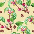 Background tree branch coffee. Seamless pattern. Watercolor illu