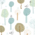 Bright background with the birds and trees. Cartoo Royalty Free Stock Photo