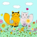 Background with two cartoon cats in love in a meadow with flowers