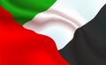 Background UAE Flag in folds. United Arab Emirates banner. Pennant with stripes concept up-close, standard southeastern Asia.