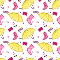 Background of umbrellas, rubber boots, handbags and eyewear. Spring and autumn shoes and accessories. Fashion Royalty Free Stock Photo