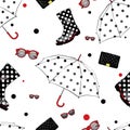 Background of umbrellas, rubber boots, handbags and eyewear. Spring and autumn shoes and accessories. Royalty Free Stock Photo