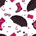 Background of umbrellas, rubber boots, handbags and eyewear. Spring and autumn shoes and accessories. Royalty Free Stock Photo