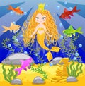 background with an underwater world in a children\'s style. A mermaid is sitting on a rock. Wooden chest with gold on the bottom o