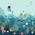 Background underwater world, sea ocean, fish animals, algae and coral reefs, vector illustration