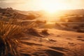 Background With Unfocused Desert Landscape With Sand Dunes And A Setting Sun. Generative AI