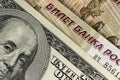 Background of US dollars and Russian rubles, close up Royalty Free Stock Photo