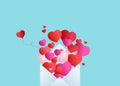 Background Valentines day. Balloons in form of heart fly out of the open envelope Royalty Free Stock Photo