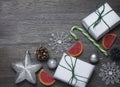 Background of various Christmas decor details on a blackboard with copy space Royalty Free Stock Photo