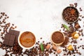 Background of various coffee , dark roasted coffee beans , ground and capsules with scoops setup on white concrete background with Royalty Free Stock Photo