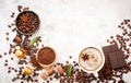 Background of various coffee , dark roasted coffee beans , ground and capsules with scoops setup on white concrete background with Royalty Free Stock Photo
