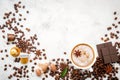 Background of various coffee , dark roasted coffee beans , ground and capsules with scoops setup on white concrete background with Royalty Free Stock Photo