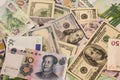 Background of various currency banknotes, dollar, euro, yuan