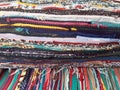 Background of various handmade cotton arabic fabrics. Chill out. Colorful wool Bedouin blankets. Arabic decoration and culture