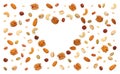 Background from various heart shaped nuts and seeds with copy space for text Royalty Free Stock Photo