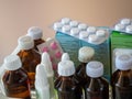 Background with various medicines in packs. Background for pharmacies, clinics, hospitals, industry