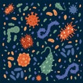 Background with various microorganisms. A pattern with infectious microbes, viruses, microorganisms. Colorful bright