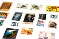 background of various old used postage stamps from different countries and times on a white background Royalty Free Stock Photo