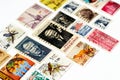 background of various old used postage stamps from different countries and times on a white background Royalty Free Stock Photo