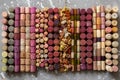 Background of various wine corks arranged in rows, different colors and textures Royalty Free Stock Photo
