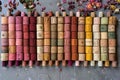 Background of various wine corks arranged in rows, different colors and textures Royalty Free Stock Photo