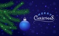 Background with vector christmas tree branches, snowflakes, hanging blue ball and Merry Christmas inscription Royalty Free Stock Photo