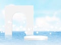 Background vector 3d blue rendering with white podium and minimal summer scene with water sea, minimal abstract background