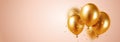 Background vector with festive realistic 3d balloons with ribbon. Celebratory design with gold colored balloons on pink Royalty Free Stock Photo