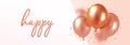 Background vector with festive realistic 3d balloons with ribbon. Celebratory design with gold colored balloons on pink Royalty Free Stock Photo