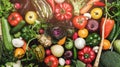 Background of vegetables different fresh farm vegetables. Food or Healthy diet concept, top view and light effects Royalty Free Stock Photo