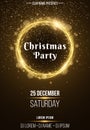 Background vertical poster for a Christmas party. Shining golden banner with golden dust. Abstract yellow lights. Festive poster. Royalty Free Stock Photo