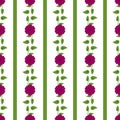 Background with vertical stripes, flowers and leaves. Floral seamless pattern.