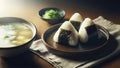 background video. Onigiri set meal (rice balls, miso soup, and pickles), traditional Japanese food. generative AI.