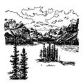 Background view of mountain landscape with alpine lake and spruce forest, sketch hand drawn ink illustration