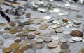 Background of vintage israeli and foreign coins for sale at Old Jaffa Flea Market