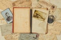 Background with vintage photo, postal card, and empty open book