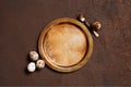 Background of vintage plate with small natural quail eggs