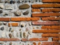 Background of a wall of brick and stone cemented with concret. Royalty Free Stock Photo