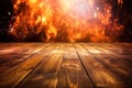 Background wall scenario for photography with an old wooden floor and blurred fire and flames at the back Generative AI