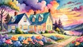 Background wallpaper colorful evening light country home lake Royalty Free Stock Photo