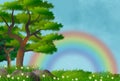 Background or wallpaper with illustration with trees, herbs, flowers and rainbow.