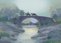 Background or wallpaper with landscape with river, stones and bridge and on it a knight.