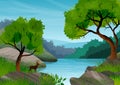 Background or wallpaper with natural landscape. Forest, trees, lake or river and a deer in silhouette.